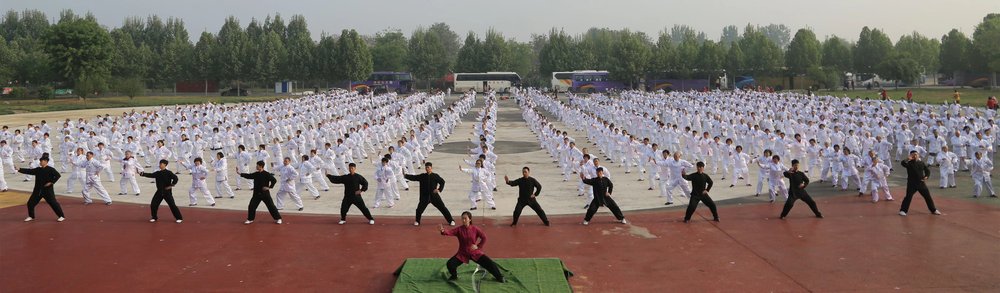 Hundreds of practitioners performing Chen-style Tai Chi together outdoors